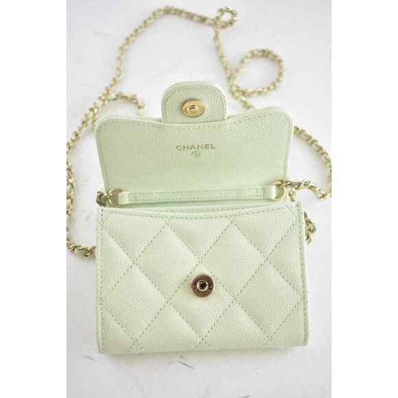 Chanel 22C Green Caviar Mini Wallet On Chain Gold Card Shoulder Crossbody Bag - Picture 11 of 12